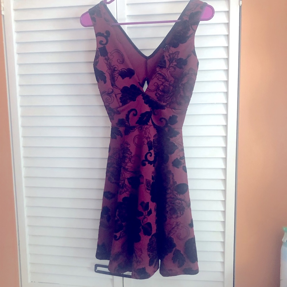 Windsor Deep V Fit and Flare Dress in Burgundy with velvet flowers